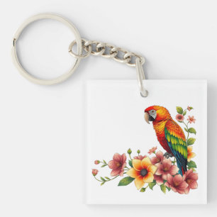 Tropical Parrot and Flowers Keychain