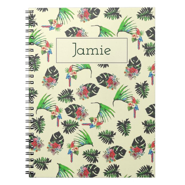 Tropical Parrot and Leaves Pattern Personalised Notebook (Front)