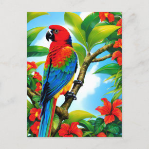 Tropical parrot bird on tree postcard