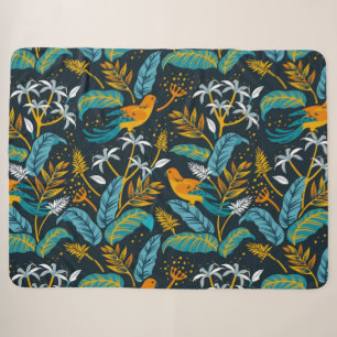 Tropical Parrot Birds & Colourful Leaves Pattern Sherpa Blanket