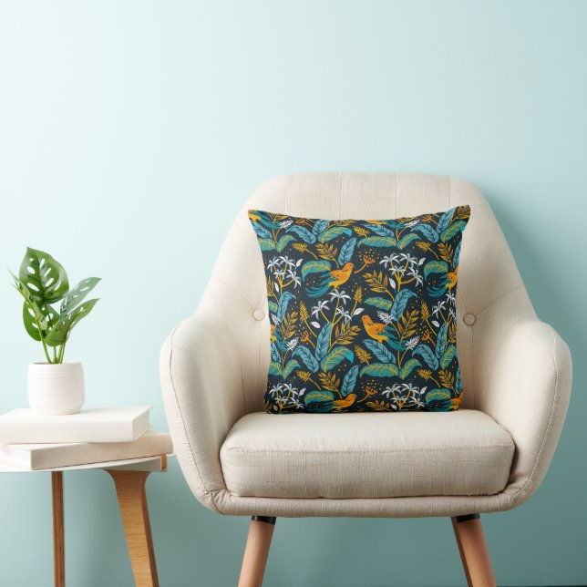 Tropical Parrot Birds & Colourful Leaves Pattern Throw Pillow (Chair)