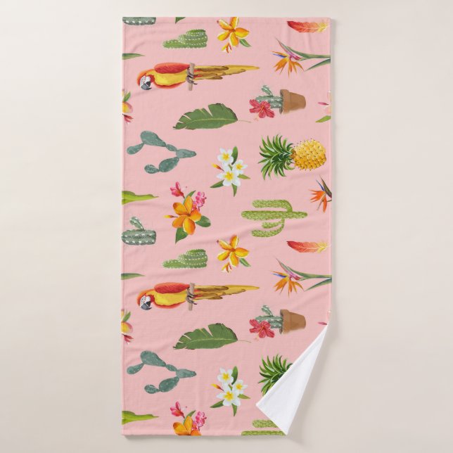 Tropical Parrot, Cactus Vintage Pattern. Bath Towel (Bath Towel)