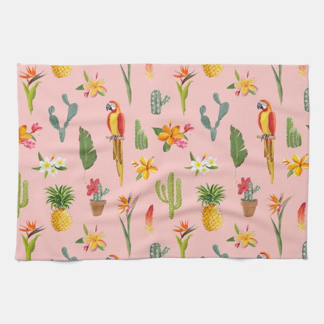 Tropical Parrot, Cactus Vintage Pattern. Kitchen Towel (Horizontal)