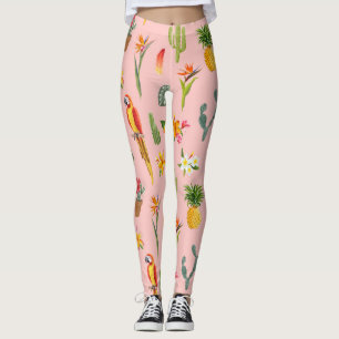 Tropical Parrot, Cactus Vintage Pattern. Leggings