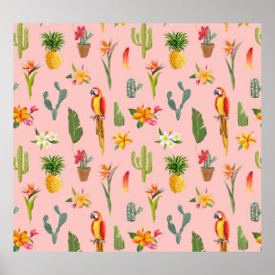 Tropical Parrot, Cactus Vintage Pattern. Poster