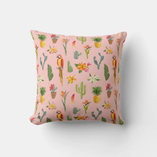 Tropical Parrot, Cactus Vintage Pattern. Throw Pillow