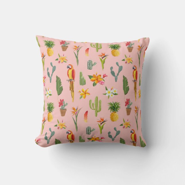 Tropical Parrot, Cactus Vintage Pattern. Throw Pillow (Front)