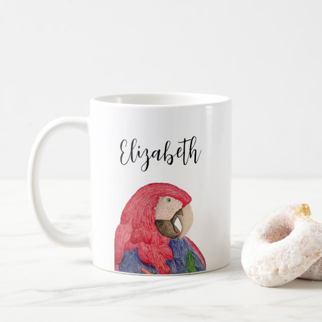 Tropical Parrot Colourful Macaw Drawing Coffee Mug (With Donut)