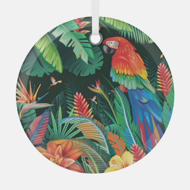 Tropical Parrot: Exotic Floral Background. Glass Ornament (Front)