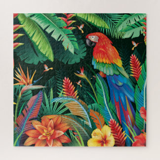 Tropical Parrot: Exotic Floral Background. Jigsaw Puzzle