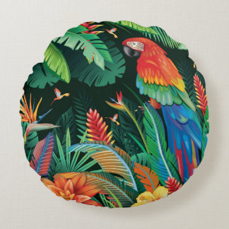 Tropical Parrot: Exotic Floral Background. Round Pillow