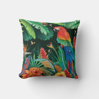 Tropical Parrot: Exotic Floral Background. Throw Pillow