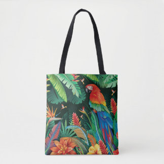 Tropical Parrot: Exotic Floral Background. Tote Bag