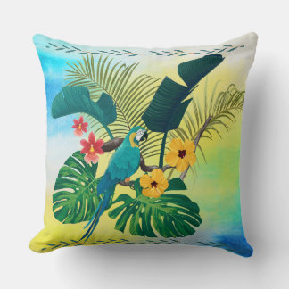 Tropical Parrot, Florals Leaves Throw Pillow