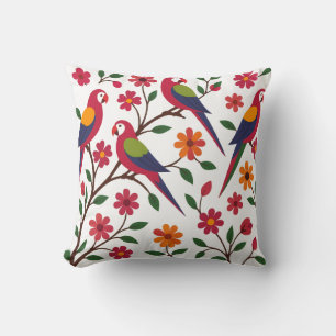 Tropical Parrot Garden Illustration Throw Pillow