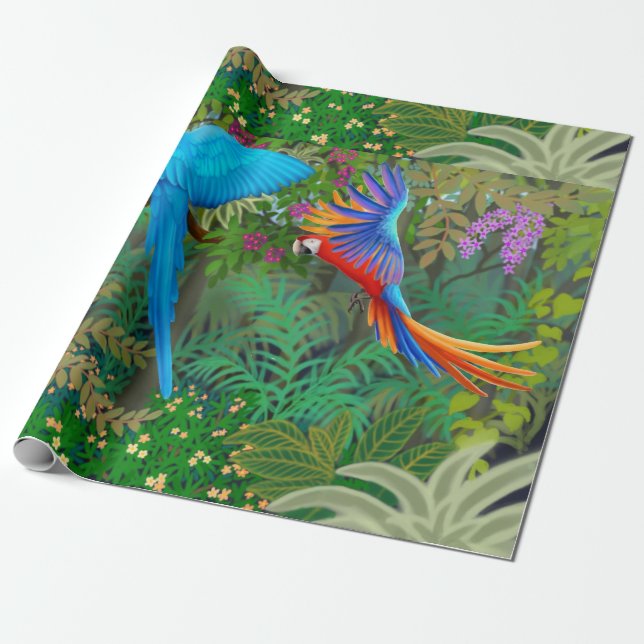 Tropical Parrot Jungle Wrapping Paper (Unrolled)