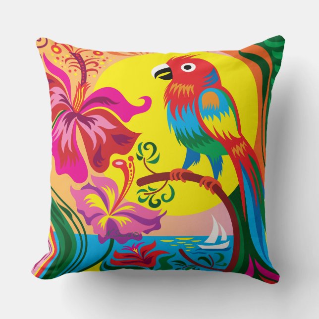 Tropical Parrot Paradise Throw Pillow (Front)