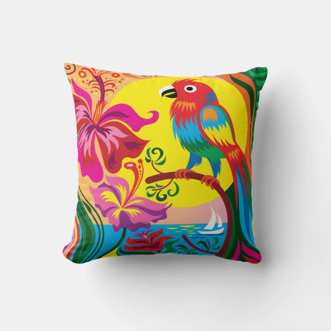 Tropical Parrot Paradise Throw Pillow (Front)