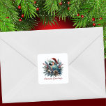 Tropical Parrot Seasons Greetings Christmas  Square Sticker<br><div class="desc">Capturing the essence of the tropics with our "Tropical Parrot Seasons Greetings Christmas" square sticker.  Featuring "Seasons Greetings" template script underneath the holiday parrot with a red Santa Claus hat,  in a beautiful Christmas bouquet of pine,  pinecones,  holly berries,  and a gold bauble.</div>