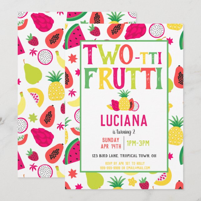 Tropical Parrot Tutti Frutti Fruit Birthday Party Invitation (Front/Back)