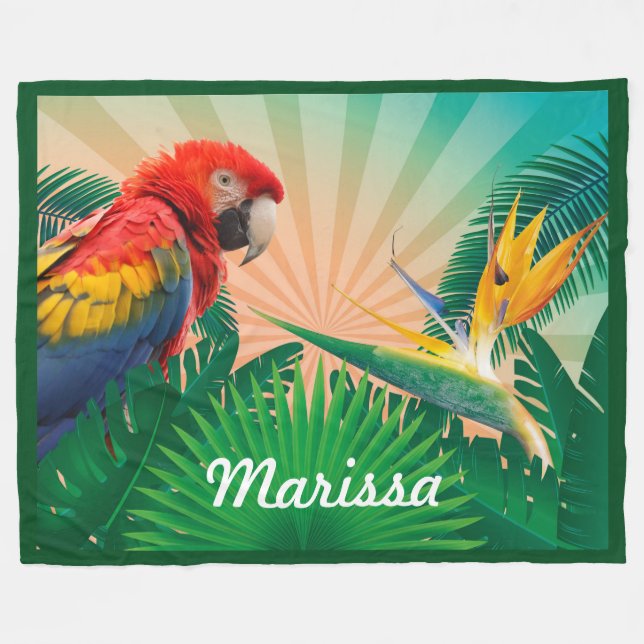 Tropical Parrot WIth Personalized Name or Quote Fleece Blanket (Front (Horizontal))