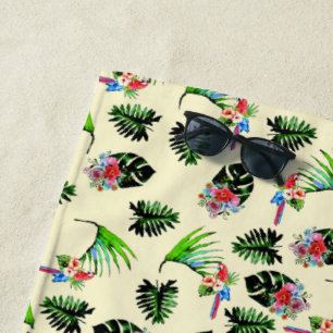 Tropical Parrots and Floral Pattern Beach Towel
