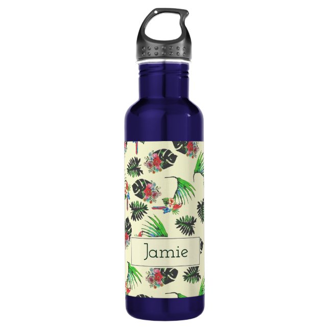Tropical Parrots and Floral Pattern Personalised 710 Ml Water Bottle (Front)