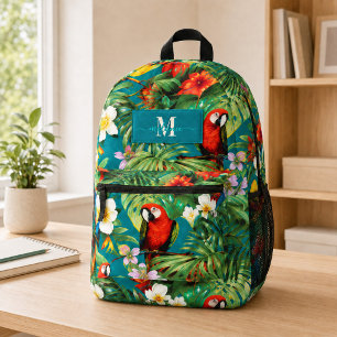 Tropical Parrots and Flowers Custom Monogram Name Printed Backpack