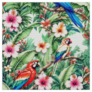 Tropical Parrots and Hibiscus in the Jungle Fabric