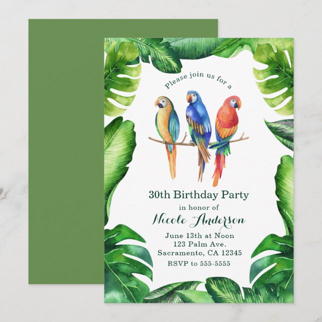 Tropical Parrots Birds & Leaves Party Invitatons Invitation (Front/Back)