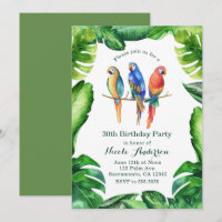 Tropical Parrots Birds & Leaves Party Invitatons