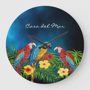 Tropical parrots blue palm tree summer house name large clock