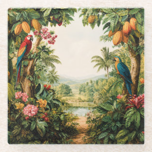 Tropical Parrots Cacao Flower Watercolor Glass Coaster