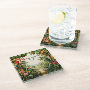 Tropical Parrots Cacao Flower Watercolor Name Est. Glass Coaster