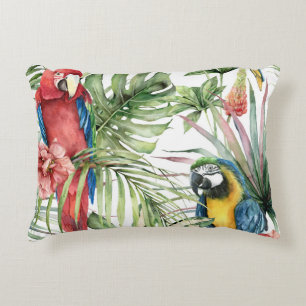 Tropical parrots, hibiscus: watercolor pattern. accent pillow