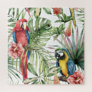 Tropical parrots, hibiscus: watercolor pattern. jigsaw puzzle