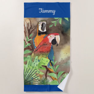 Tropical Parrots in blue personalized Beach towel