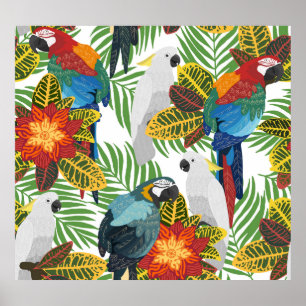 Tropical parrots, vintage seamless pattern. poster