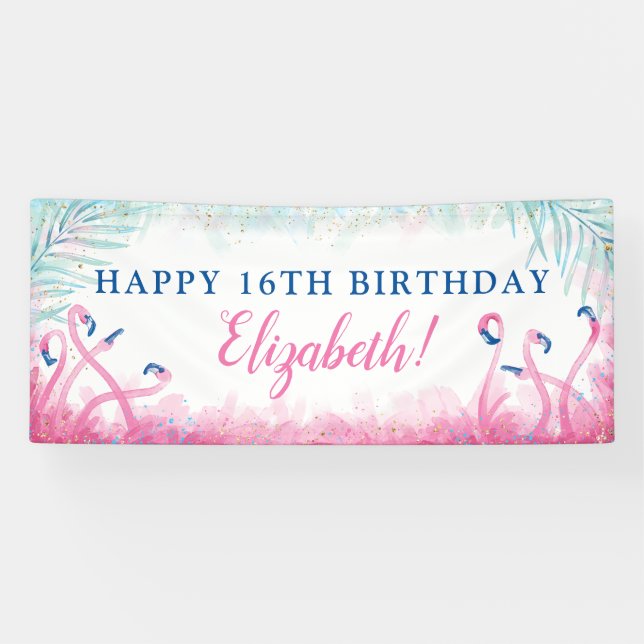 Tropical Party Blue Pink Flamingo Happy Birthday Banner (Horizontal)