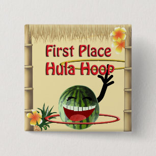 Tropical Party Tiki Hut  1st Place Hula Hoop 2 Inch Square Button