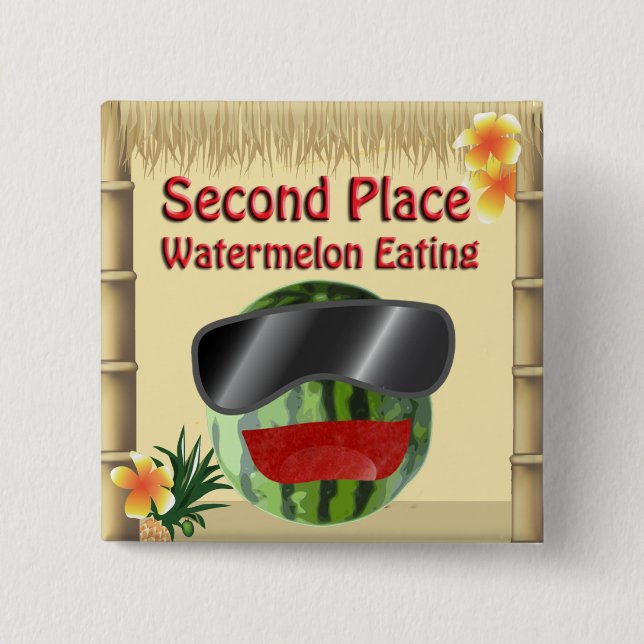 Tropical Party Tiki Hut 2nd Place Watermelon Eat 2 Inch Square Button (Front)