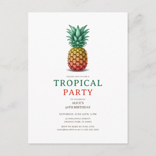 Tropical Party with retro pineapple Invitation Postcard (Front)