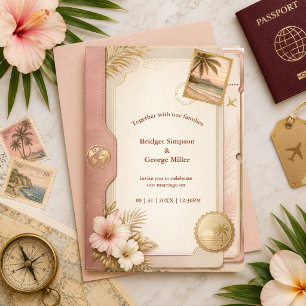Tropical Passport Wedding in Blush Gold Invitation