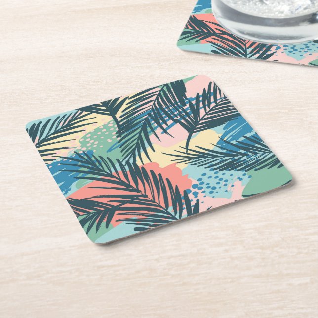 Tropical Pastel Leaf Pattern Square Paper Coaster (Angled)