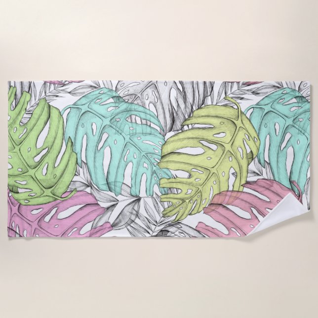 Tropical pastel monstera leaf watercolor pattern  beach towel (Front)