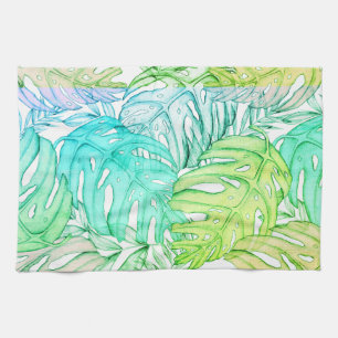 Tropical pastel monstera leaf watercolor pattern kitchen towel