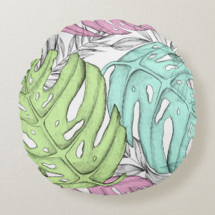 Tropical pastel monstera leaf watercolor pattern  round pillow