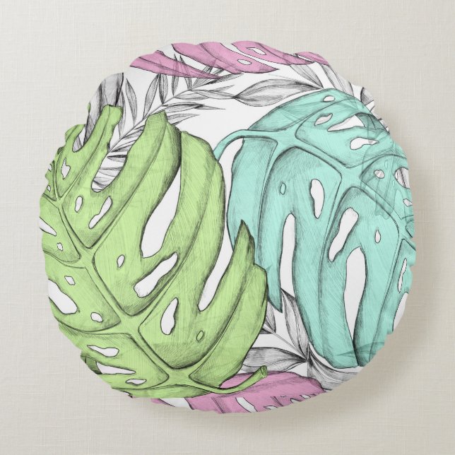 Tropical pastel monstera leaf watercolor pattern  round pillow (Front)