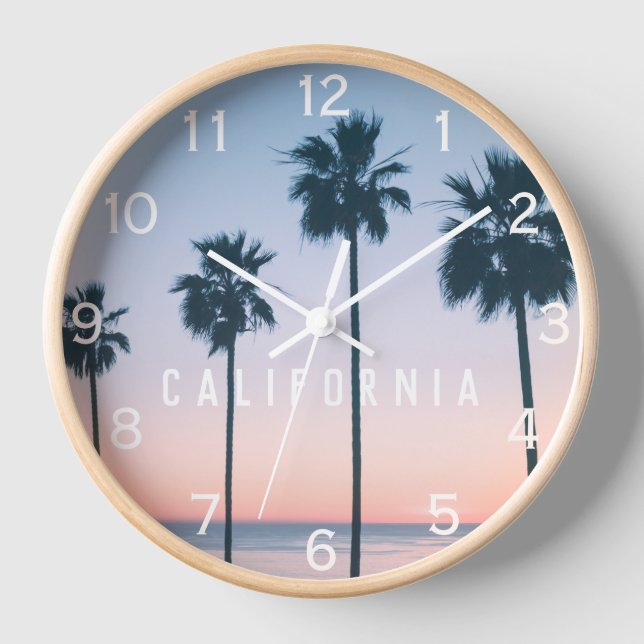 Tropical Pastel Ombre Pink & Blue Palm Tree Sunset Clock (Front)