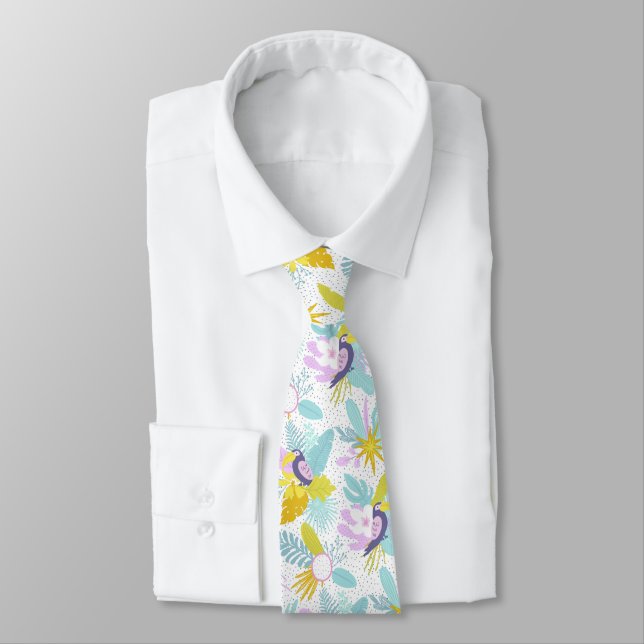 Tropical pastel pink purple blue botanical pattern tie (Tied)